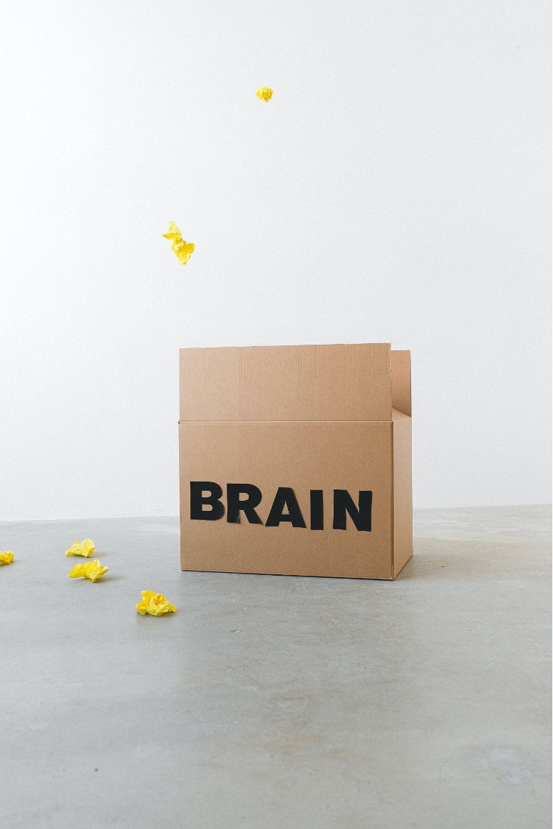 This is a photo of a cardboard box labelled "BRAIN." There are yellow pieces of paper outside the box and on the ground.
