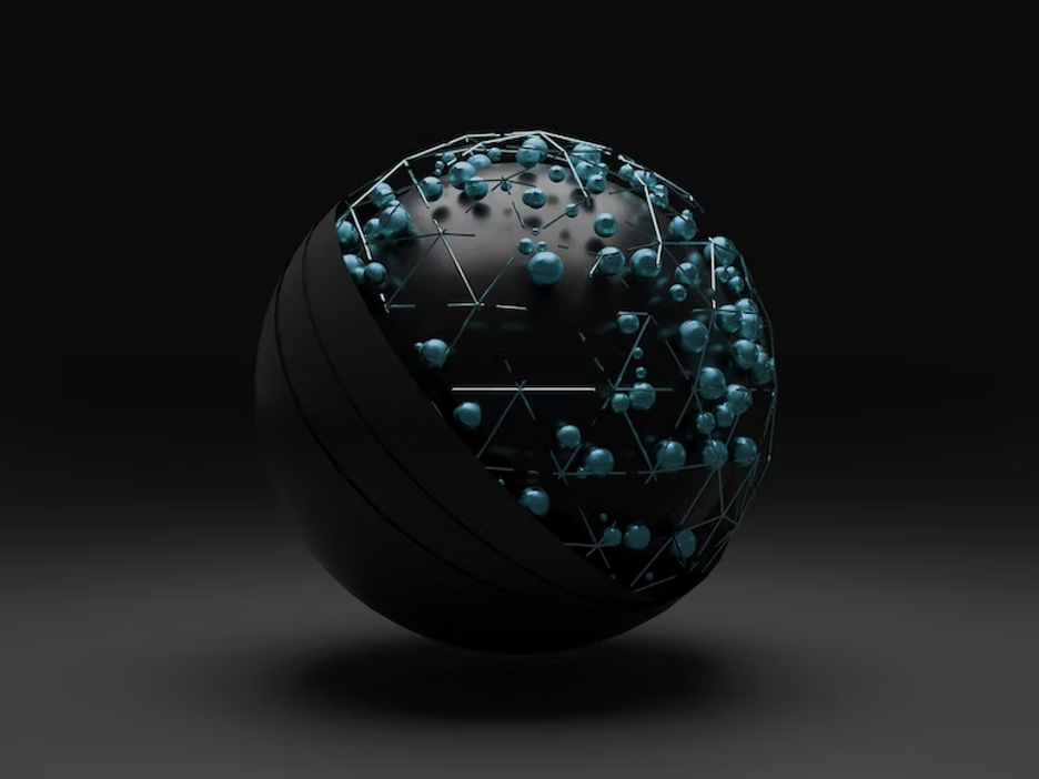 Decorative photo of a black globe with blue connected dots ranging in size. This image represents connectivity. 